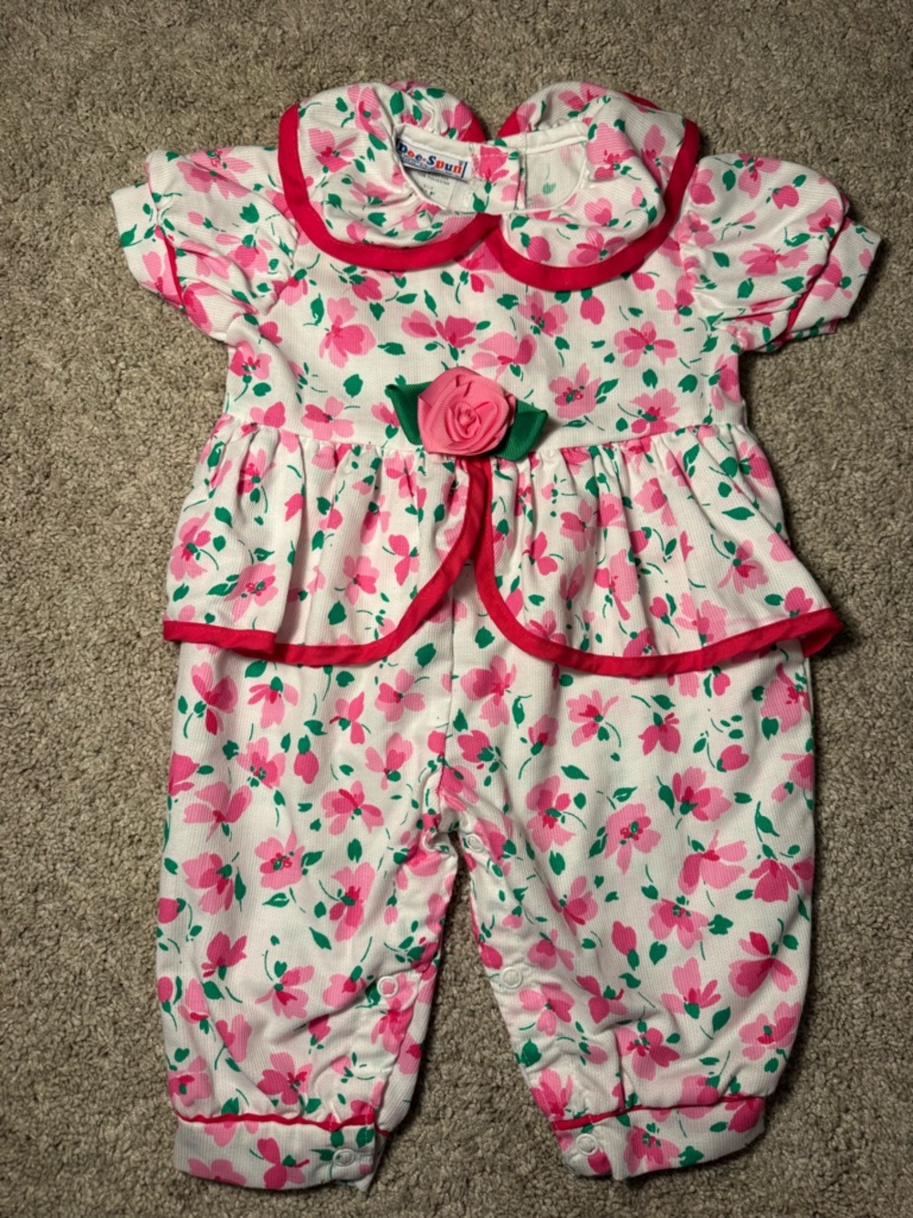 Vintage Doe Spun Pink Floral One-Piece Romper with Rose Accent Size 3-6mos